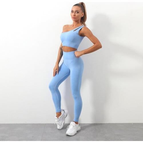 Yoga Seamless Set Women Fitness Suit Gym Clothing Sports One Shoulder Bra Crop Tank Top High Waist Workout Leggings Suits