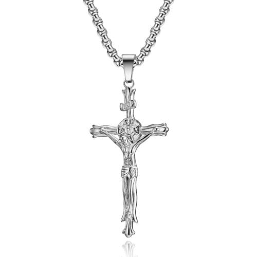 INRI Jesus Cross Pendant Necklaces for Men Father Stainless Steel Prayer Religous Jewelry 24Inch Chain