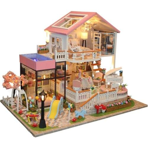 DIY Pink Villa Wooden Dollhouse Miniature Furniture With LED Light Kits 3D Doll Houses Assemble Toys Children Birthday Gift Casa