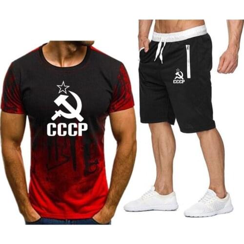 USSR CCCP Fashion Two Pieces Sets T Shirts+Shorts Suit Men Summer Tops Tees Fashion Moscow Russia Tshirt fitness sports clothing