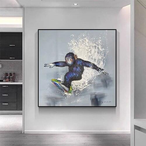 100% Handmade Oil Painting Cute Animal Monkey Surfing Home Decoration Drawing Childrens Room Decoration Painting Free Shipping