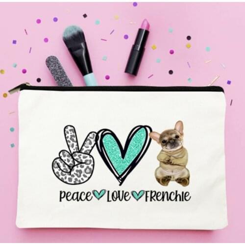 Peace Love Dog Cosmetic Cases Bag for Ladies Canvas Casual Zipper Sopping Tote Lipstick Stroage Travel Fashion Pencil Makeup Bag