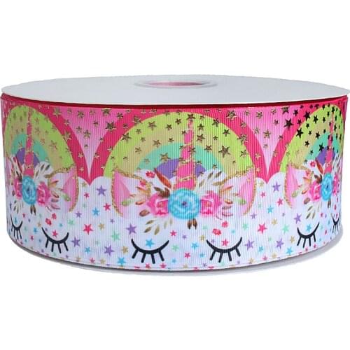FLRA Ribbon (50 yards/lot) New design unicorn face and metallic stars printed grosgrain ribbon