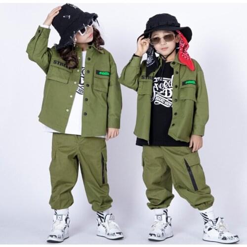 Fashion Kids Clothes Hip Hop Dancewear Green Rave Outfit Long Sleeve Street Dancing Clothing Stage Costume Kids Jogger DL7612