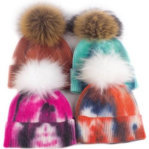Fashion Women Knitted Tie dye Color Beanie Hat With Real Fur Pompoms Female Soft Warmer Beanies&Skullies Cap Lady Casual Hats