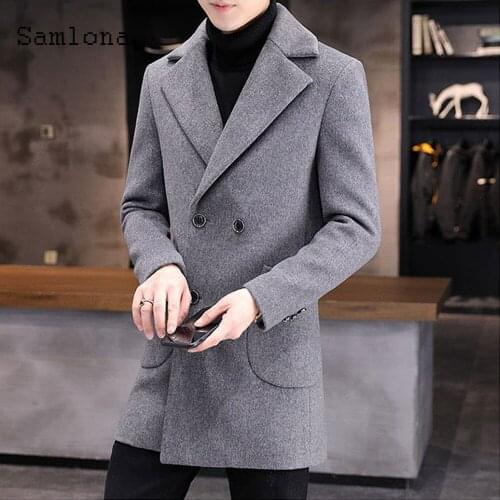 Samlona Mens Kpop Style Wool Blends Coats Solid Gray Retro Long Jacket Double Breasted Outerwear Men Winter Warm Clothes 2021