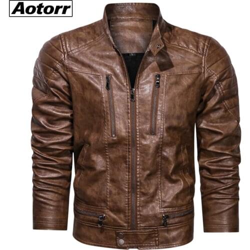 2021 New Mens Vintage Leather Jacket Winter Casual Solid Men Clothing Fashion Motorcycle Biker Mens Zip PU Faux Jackets Coat