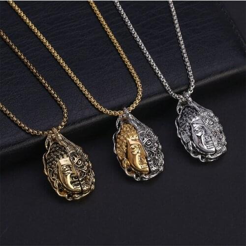 Fashion Men Double Sided Buddha Head Pendants Necklaces Party Hip Hop Jewelry Steampunk Metal Alloy Statement Necklace Gift