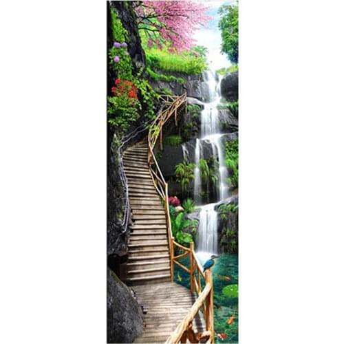 77*200cm Park Waterfall 3d door mural wooden bridge flowers bird landscape wall stickers home decoration scenery vinyl wallpaper