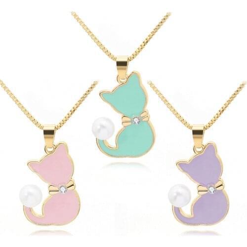New Ladies Enamel Cat Drops Oil Zircon Ball Cat Tail Necklace Animal Puppy Cartoon Creative Pets Pussy Pendant Necklace jewelry