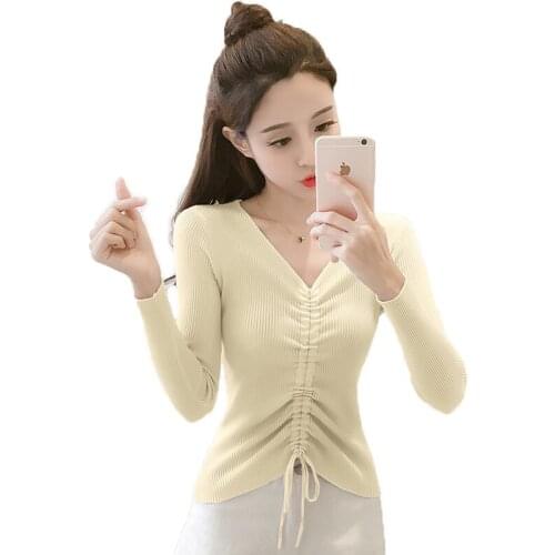 Autumn New Women Knitting Sweater 2020 Korea Fashion V-neck Lacing Slim Long sleeve Pullover Winter Femme Clothing Tops