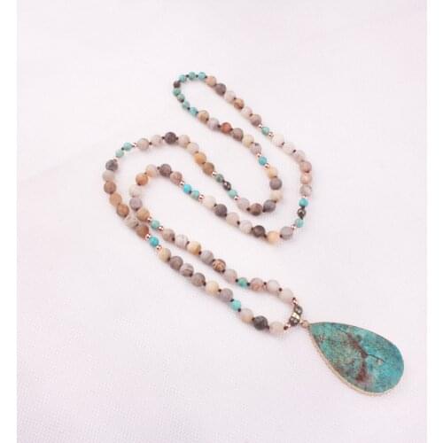 Boho Necklace Mix Natural Stones Teardrop Pendant Necklace Women Lariat Beads Knotted Bohemia Necklace Dropship
