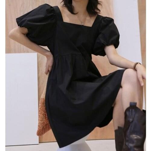 Casual Square Collar Puff Sleeve Mini Sweet Dress Woman Backless High Waist Loose Solid Dress 2021 Summer Blue White Black Red