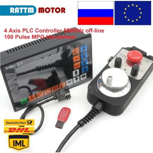 4 Axis PLC offine Controller RMHV 3.1 500KHz 100 Pulse MPG Handwheel Emergency Stop for CNC Router Engraving Milling Machine