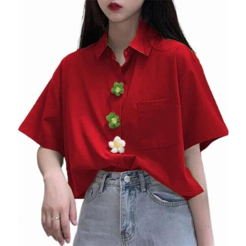 Student shirt womem white 2021 Flower Solid Color Women Loose Buttons Blouse for School Polyester Women Clothing Street Wear