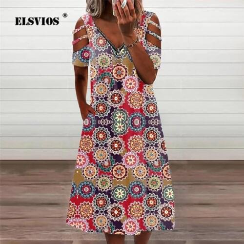 Sexy Zipper V-Neck Vintage Print Off-The-Shoulder Dress Summer Casual Fashion Women Pocket Short-Sleeve Midi Streetwear Vestidos