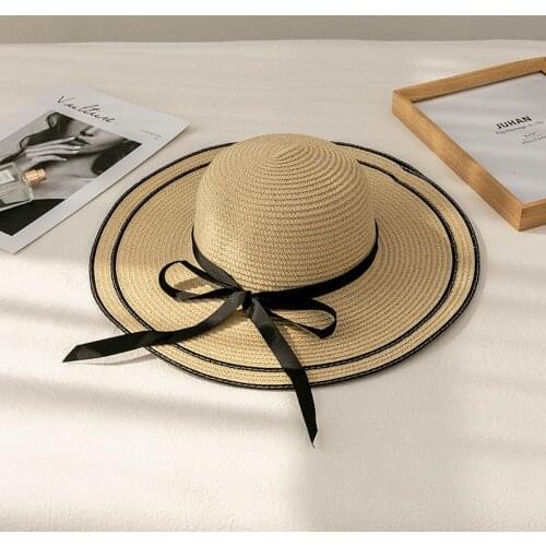 New Womens Sun Hat Handmade Straw Hat Womens Ribbon Bowknot Wide Brim Beach Hat Leisure Summer Sunshade and UV Protection Hat