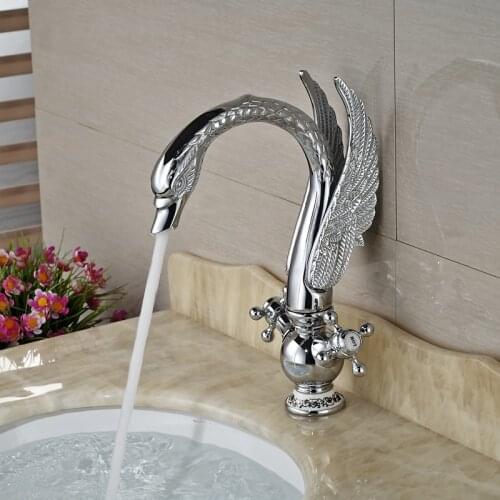 Luxury Swan Shape Wash Basin Faucets Deck Mounted Bathroom Mixer Taps Chrome Finish