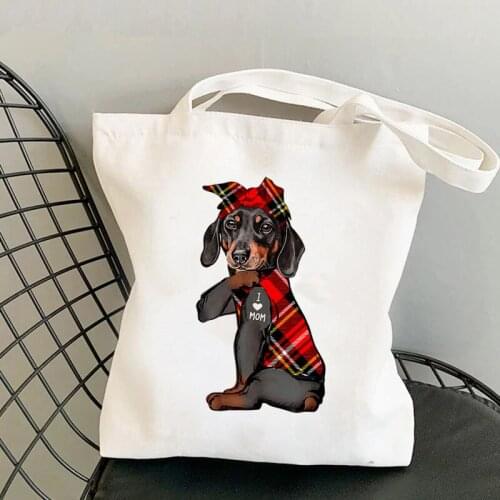 2021 Shopper Red Bandanas Dachshund I LOVE MOM Printed Tote Bag women shopper handbag girl Shoulder shopping Lady Canvas Bag