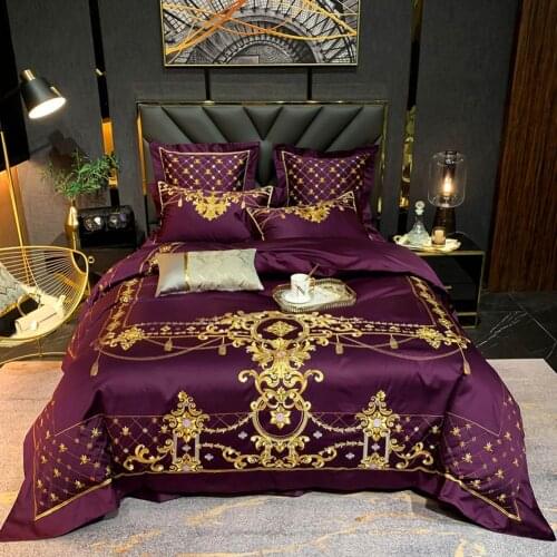 Svetanya 1000TC Egyptian cotton Wine Golden Bedding Set Luxury Queen King size Bed sheet set Embroidery Duvet cover