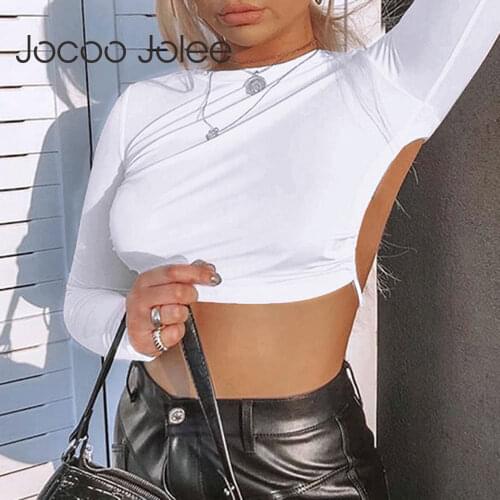 Jocoo Jolee Sexy Backless Lace Up Bandage Cropped Tops Autumn Long Sleeve O Neck Solid Slim T Shirts Streetwear Casual Tee Shirt