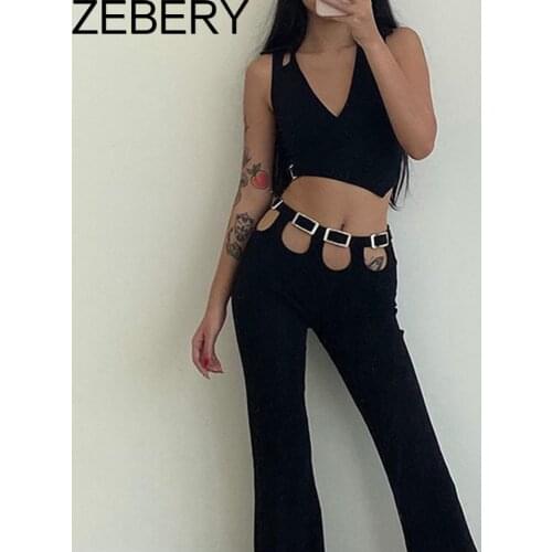 ZEBERY 90s Streetwear Vintage Hollow Out Belted Long Pants Y2K Aesthetics High Waist Full Length Black Trousers E-girl Outfits