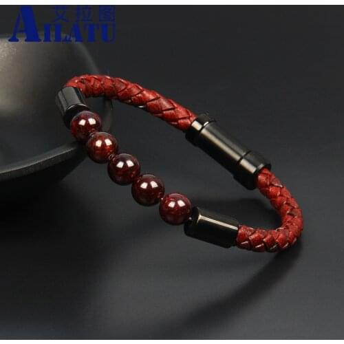 Vintage Genuine Cowhide Leather Men Bracelet Stainless Steel Embedded Clasp Bangle Natural Garnet Tiger Eye Stone Beads