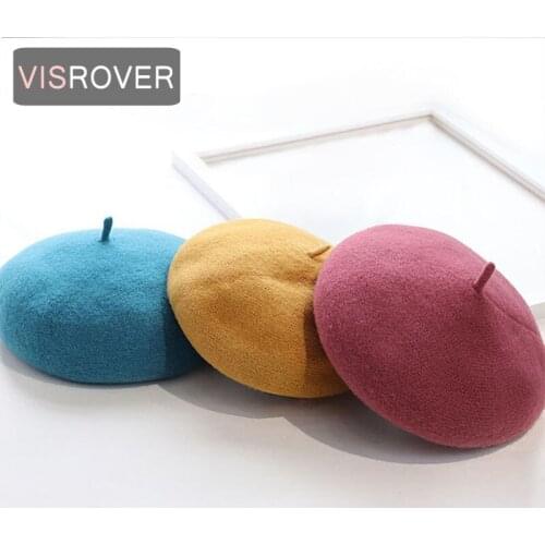 VISROVER winter solid color wool beret woman hat female wool cap winter autumn spring hat solid color top quality Women Boina