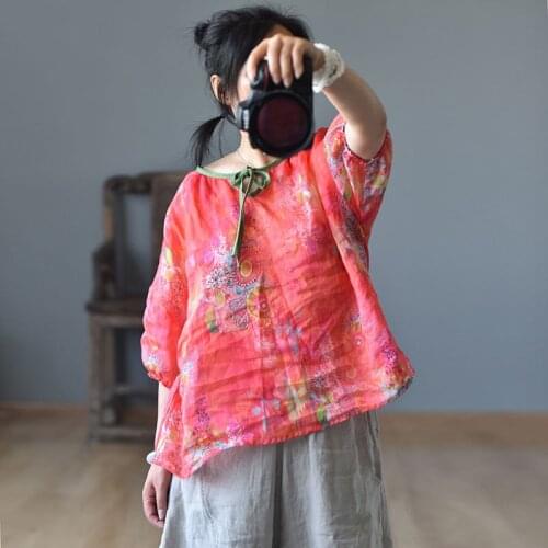 Women Loose Printed Ramie Tops Blouse Female Vintage Print Ramie Shirt Ladies 2020 Summer Retro Shirts