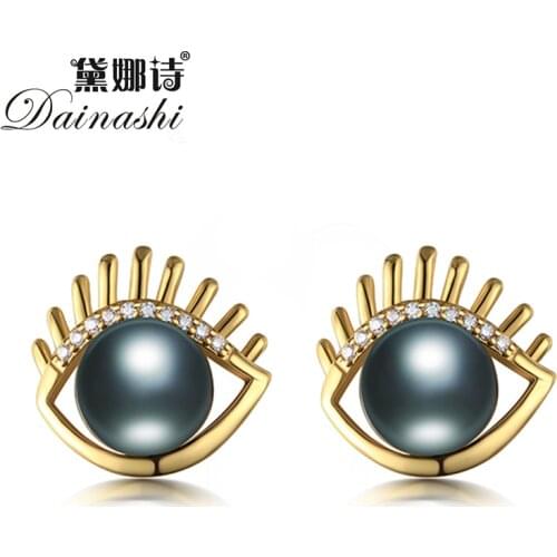 Dainashi 100% Genuine Natural Freshwater Pearl Earrings 925 Sterling Silver Gold Color Eye Zircon Stud Earrings for Women