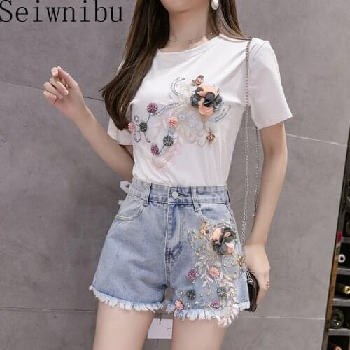 2020 New Embroidery 3D Flowers Two Piece Set Summer Women Cotton T-shirt Tops + Denim Shorts Trousers Twinset Student Jeans Sets