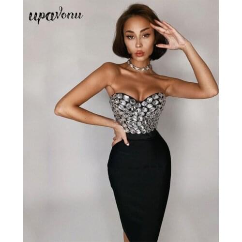 Free Shipping 2021 Spring New Sexy Bandage Dress Set Beaded Sleeveless Sleeveless Top & Midi Skirt 2 Two-piece Bodycon Women Set