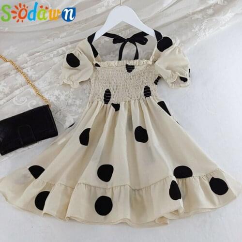 Sodawn Summer Children Clothing Fashion Girl Dresses French Retro Wave Kids Dress With Waist Chiffon Girl Beach Princess Dress