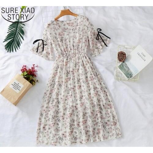Women Floral Print Dresses Korean Summer Ruffle Sleeeve Chiffon Dress Knee Length V-Neck Casual Drawstring Women Dress 10235