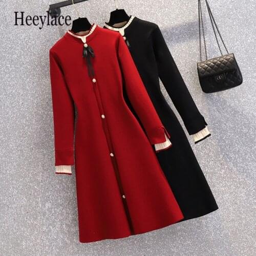Plus Size Elegant Women Knitted Dress Autumn Bow Pearl Button Red Long Sleeve Thick Stand Collar Sweater Dresses 4XL Vestidos