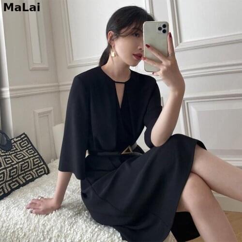 A-line Dresses for Women Party with Belt French Office Lady Retro Three Quarter V-Neck Loose Woman Dress One Piece Female Summer
