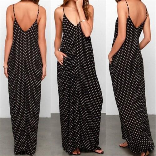 Boho Vintage 2020 Women Strap Beach Dress Elegent Ladies Black Dots Dress Vestido Women Sleeveless Chiffon Strap Maxi Dress