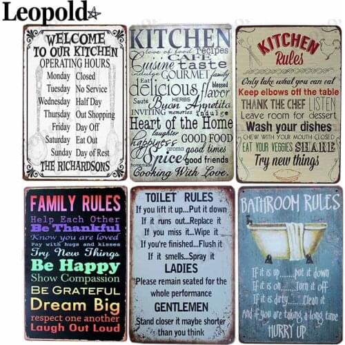 Metal Poster Family Rules Tin Tin Plate Bathroom Kitchen Letter Sign Board Cafe Bar Home Decoration Wall Decoration 20X30Cm