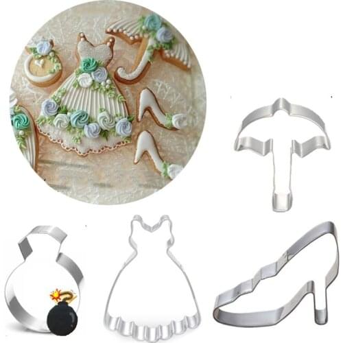 4pcs patisserie reposteria Wedding Cake Decor Tools High Heel Shoes Dress Ring Molds Metal Cookie Cutter Chocolate Gum Bakeware