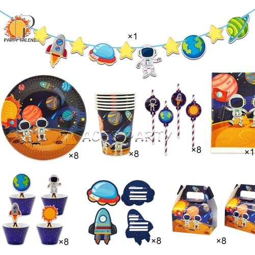 58pcs For 8 Kids Boys Astronaut Solar Space Theme Birthday Party Supplies Tableware Set Plate Glass Straw Banner Tablecloth Etc