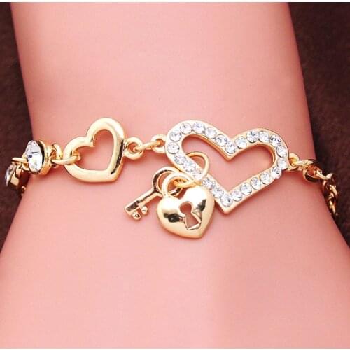 Free shipping Chain Bracelet Gold Color Women Love Heart Link Bracelet Crystal Bracelets Bangles Valentines Day Gift
