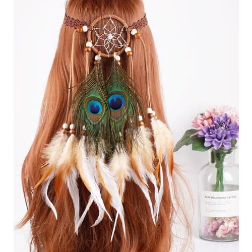 Bohemian Dreamcatcher Peacock Feather Headbands Women Lace Woven Beaded Hairbands Good Lucky Headwear Hair Accessories
