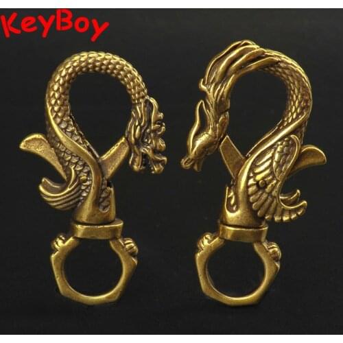 Vintage Copper Dragon Phoenix Couple Keychains Trinkets Brass Chinese Mythical Animals Lucky Keyrings Jewelry Car Key Holders