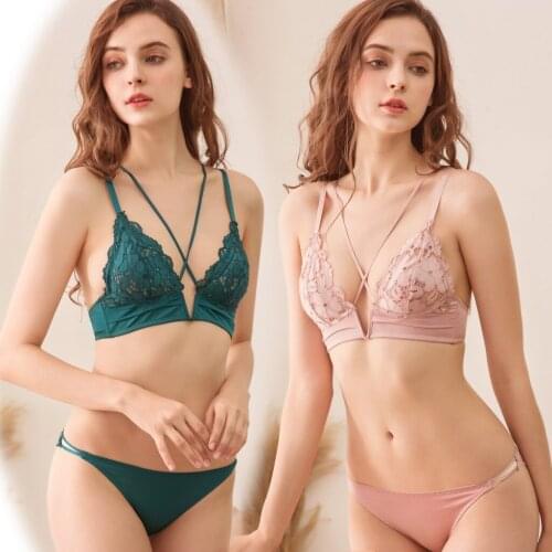 Women Lace Bra Sets Seamless Underwear Set Backless Vest Sexy Panties Padded Deep V Bralette Female Lingerie Briefs Intimates