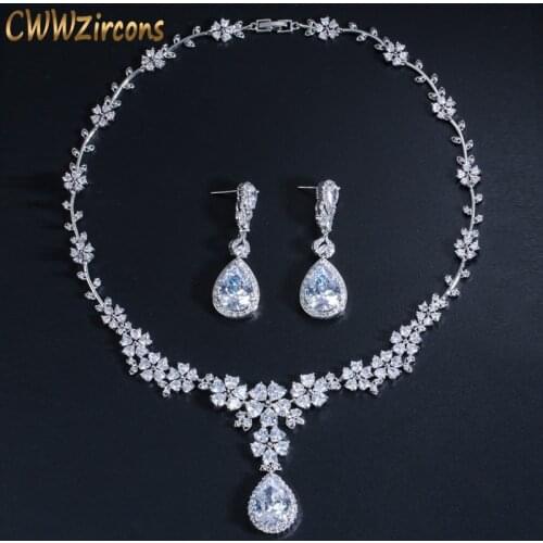 CWWZircons Luxury African Women Wedding Party Costume Jewelry Long Drop Flower Bridal CZ Earring Necklaces Sets For Brides T177
