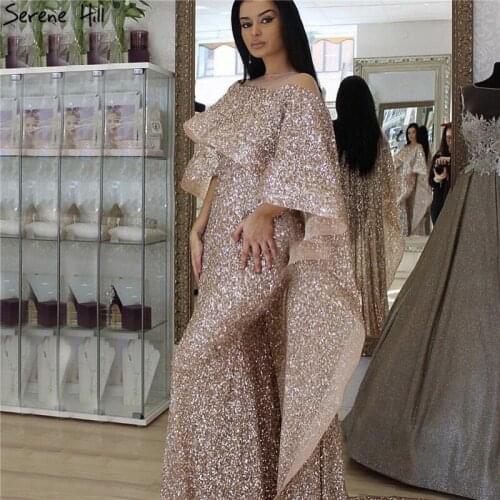 Dubai Rose Gold Long Cloak Prom Dresses 2020 Sequined Sparkle Luxury Mermaid Prom Gowns Serene Hill BLA60937