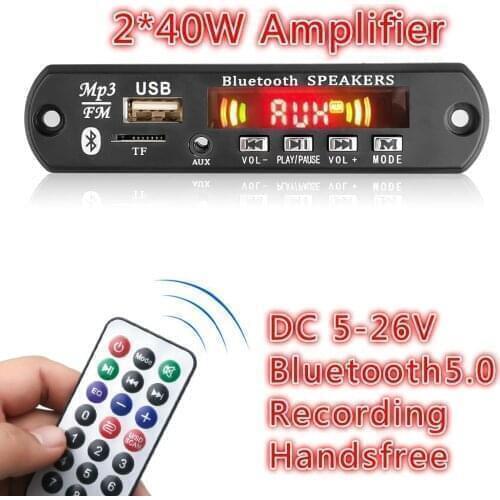 Kebidu 2*40W Amplifier Handsfree MP3 Player Decoder Board 5V-26V Bluetooth5.0 Car FM Radio Module Support TF USB AUX Recorders