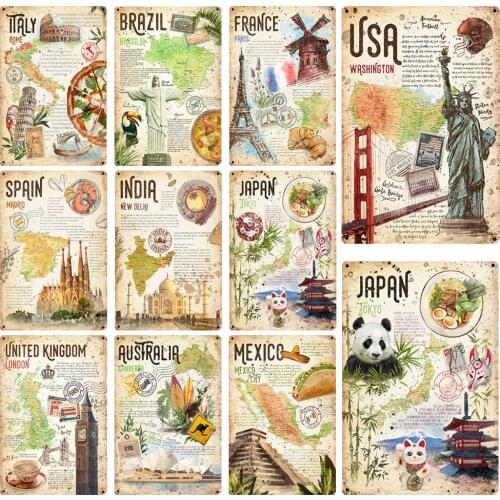 World Country Stamp Collection USA France Janpan UK Vintage Metal Plates Retro Tin Signs