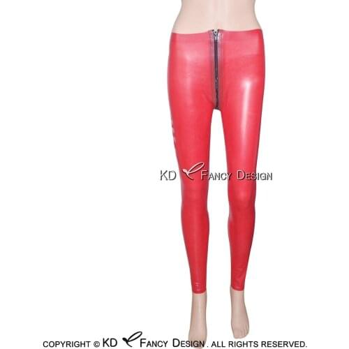 Red Sexy Latex Leggings With Front To Crotch Zipper Rubber Pants Jeans Trousers Bottoms Plus Size CK-0012