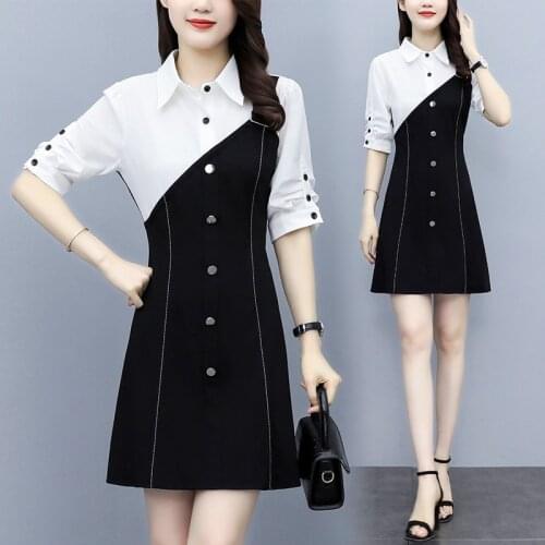 Large size summer midi dress black white stitching fake two-piece dress fashion vestidos de festa Dress Female